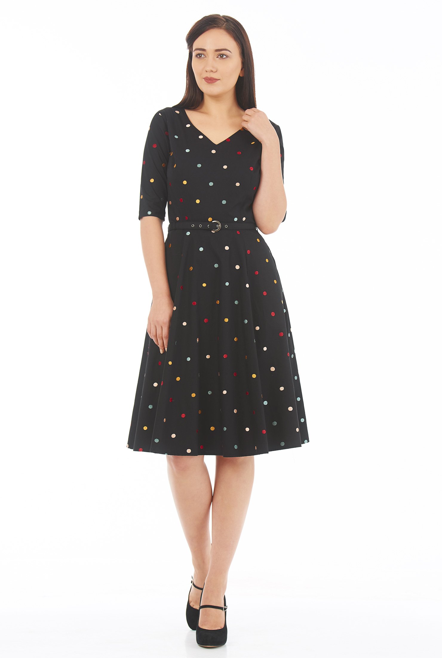 Shop Polka Dot Embellished Cotton Poplin Dress EShakti