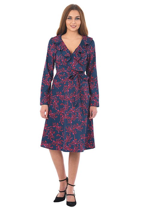 Shop Ruffle Floral Vine Print Crepe Wrap Dress Eshakti