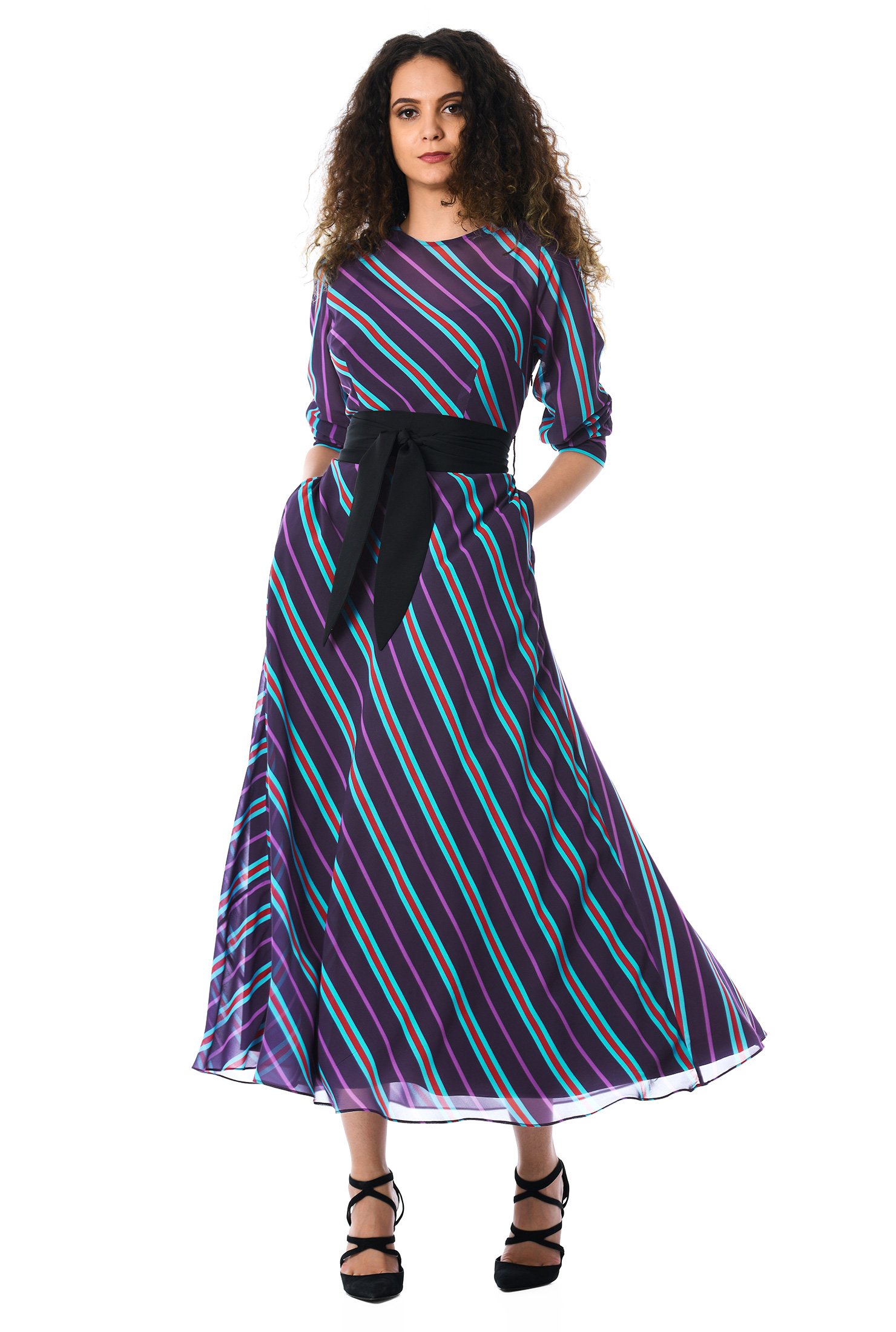 Shop Stripe Print Georgette Bias Cut Maxi Dress Eshakti