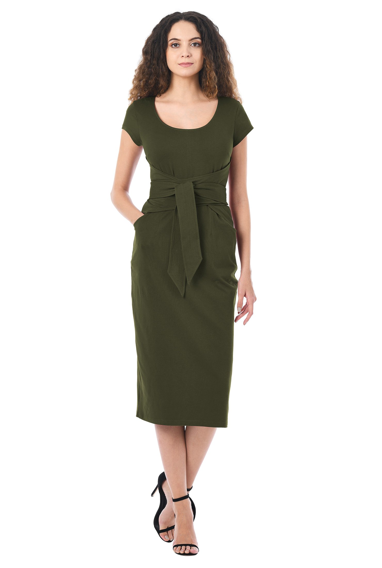 Shop Asymmetric Sash Tie Belt Cotton Knit Sheath Dress Eshakti