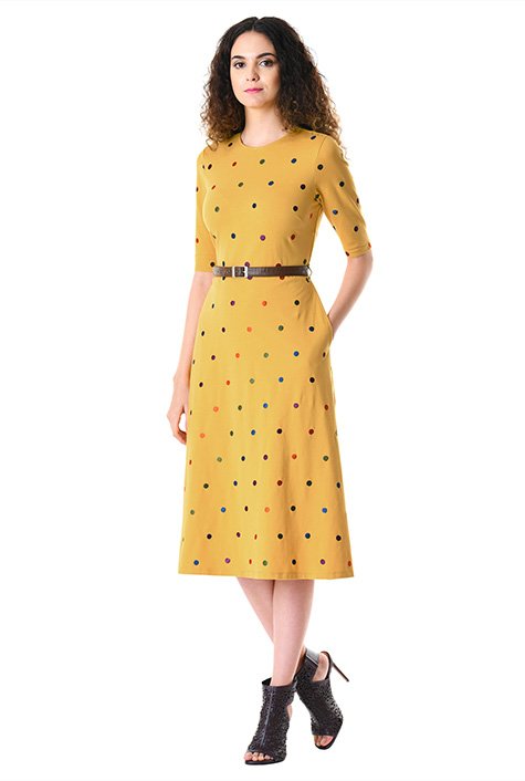 Shop Polka Dot Embellished Cotton Knit Belted Dress EShakti