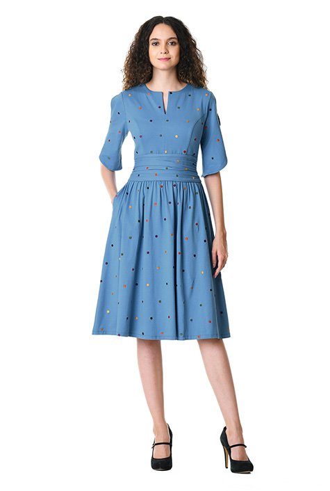 Shop Polka Dot Embellished Cotton Knit Pleat Waist Dress Eshakti