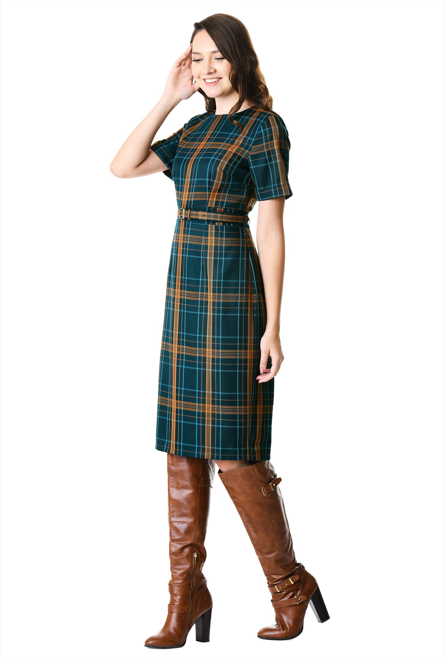 Shop Plaid Suiting Belted Sheath Dress EShakti