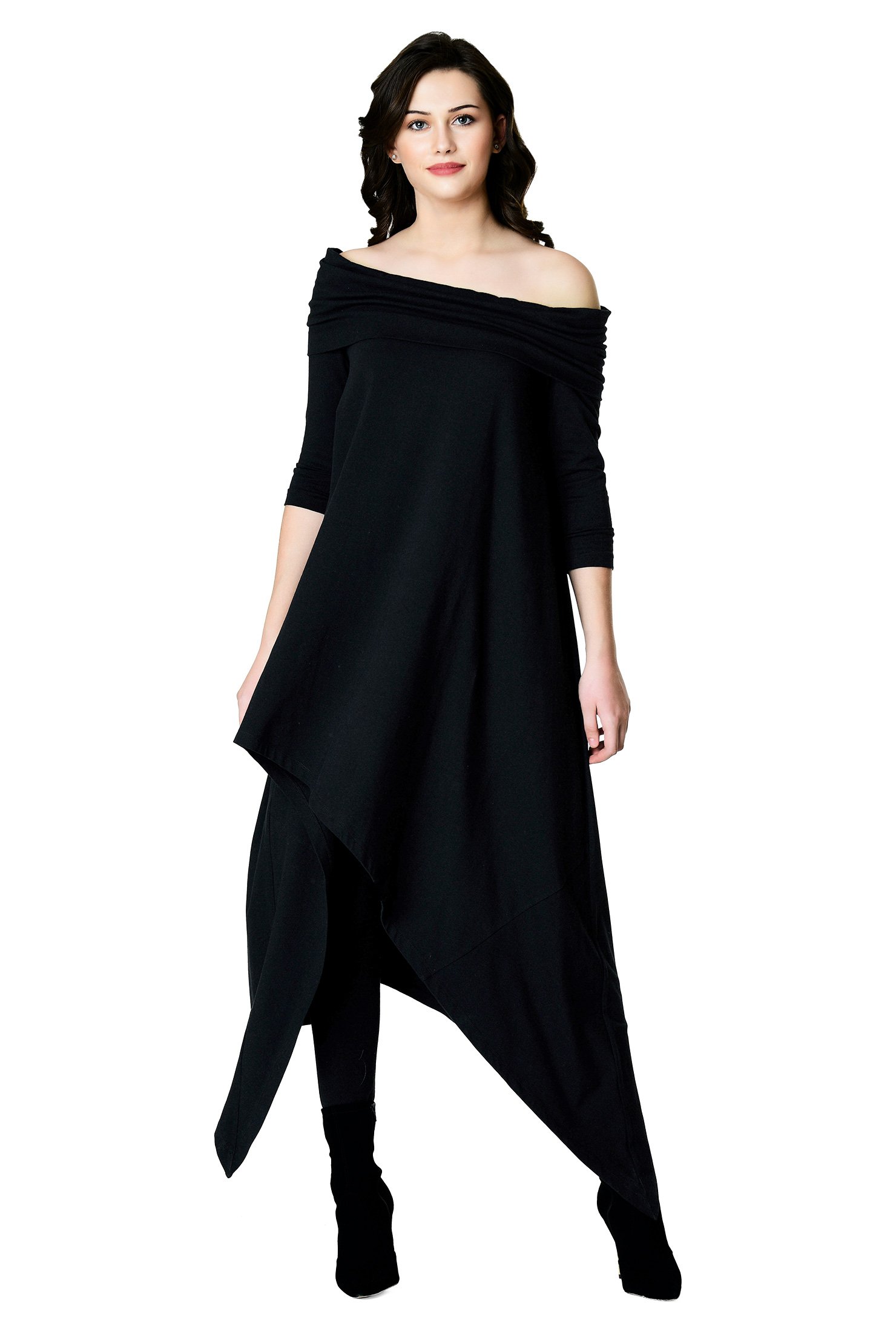 Shop Off The Shoulder Asymmetric Hem Cotton Knit Dress EShakti