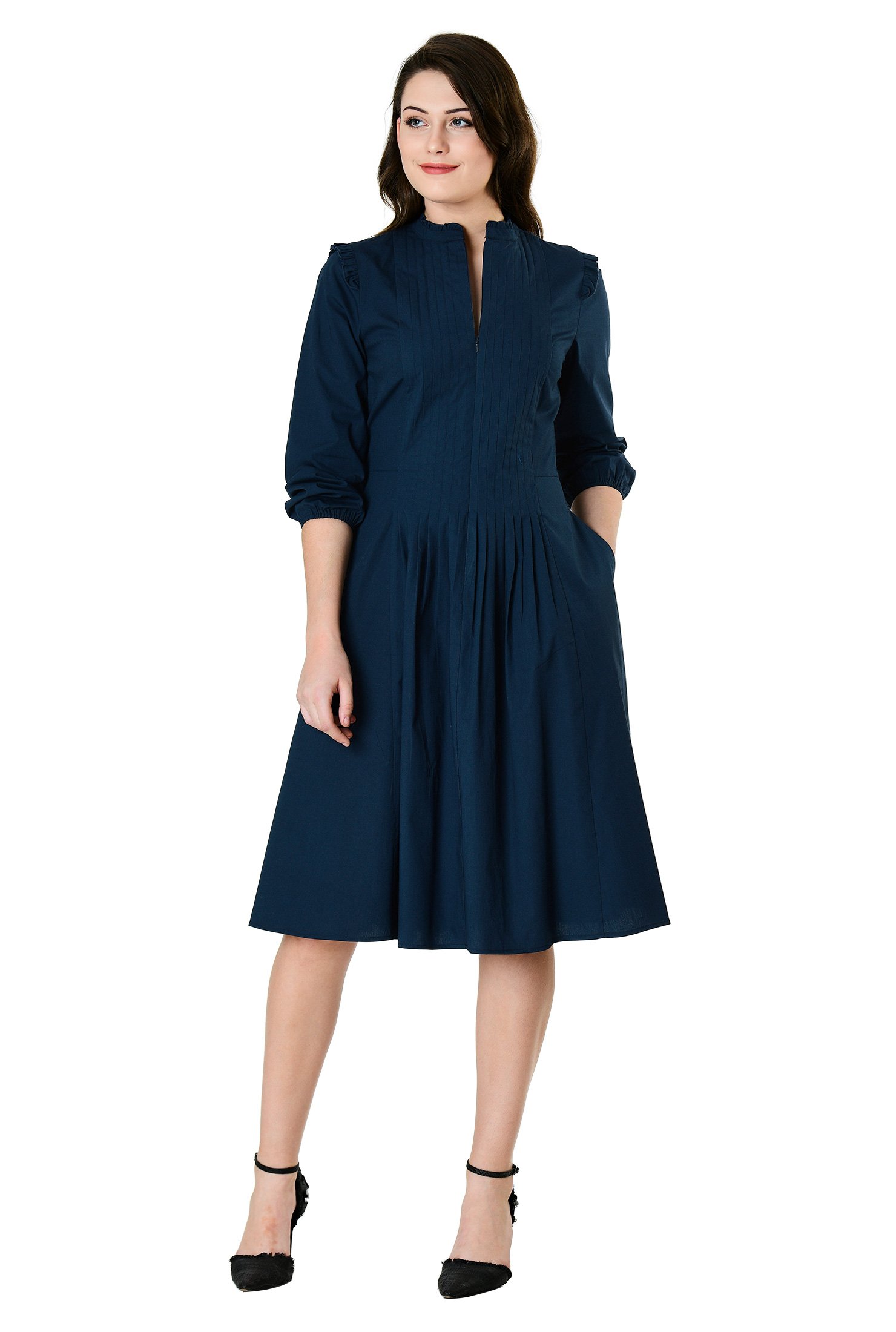 Shop Ruffle Trim Cotton Poplin A Line Dress EShakti