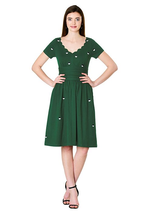 Shop Polka Dot Embellished Cotton Knit Pleat Waist Dress Eshakti