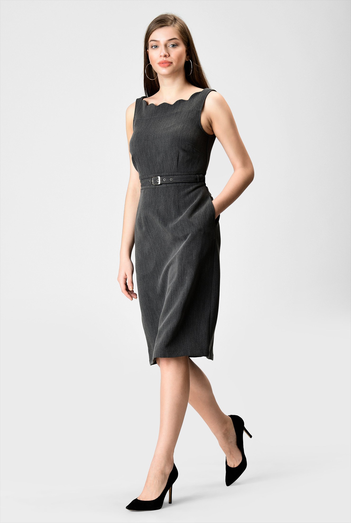 Shop Scallop Trim Suiting Belted Sheath Dress Eshakti