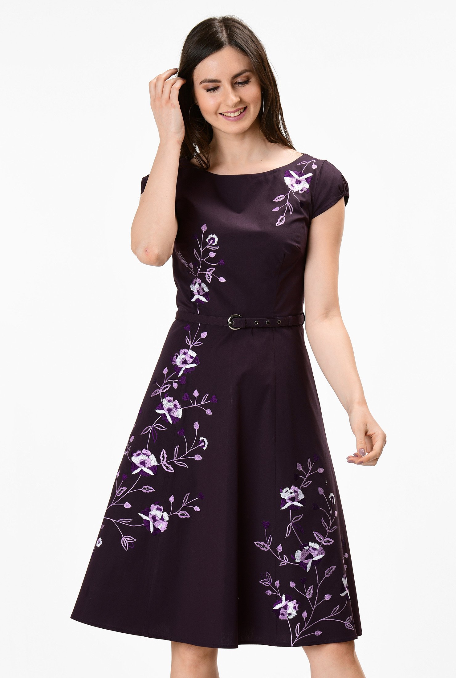 Shop Floral Embellished Poplin Belted Dress Eshakti