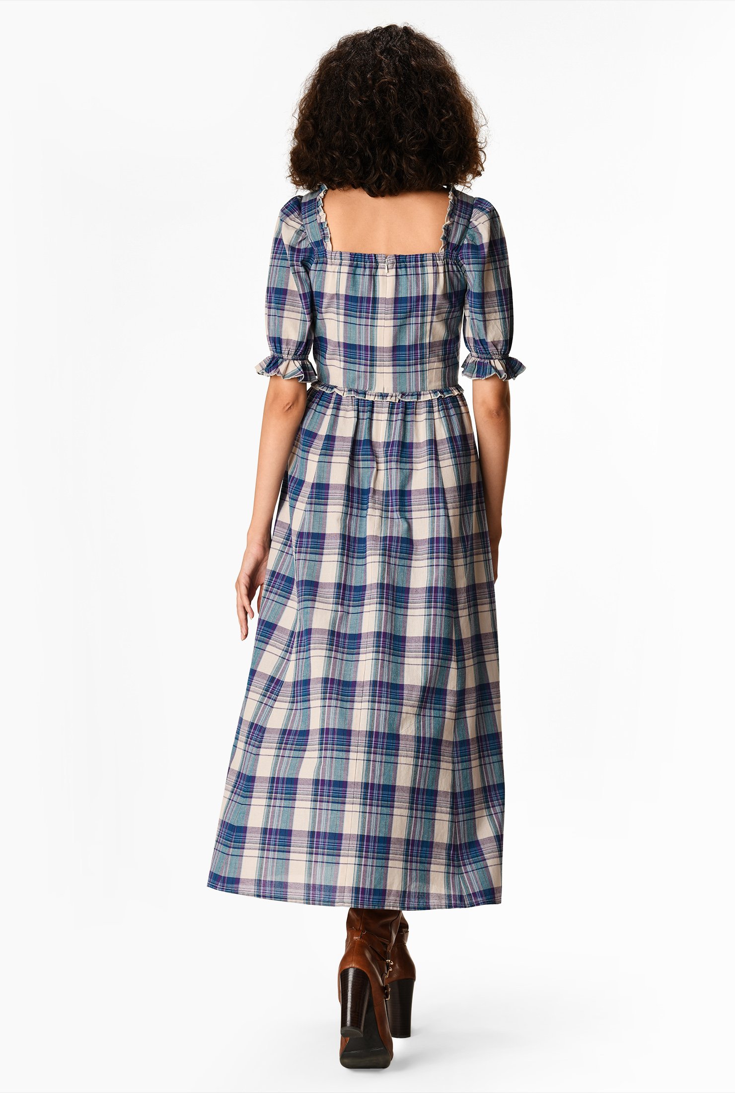 Shop Ruffle Frill Trim Cotton Plaid Dress Eshakti