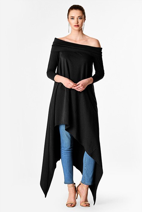 Shop Off The Shoulder Asymmetric Hem Cotton Knit Dress Eshakti