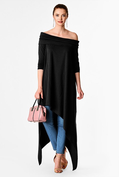 Shop Off The Shoulder Asymmetric Hem Cotton Knit Dress EShakti