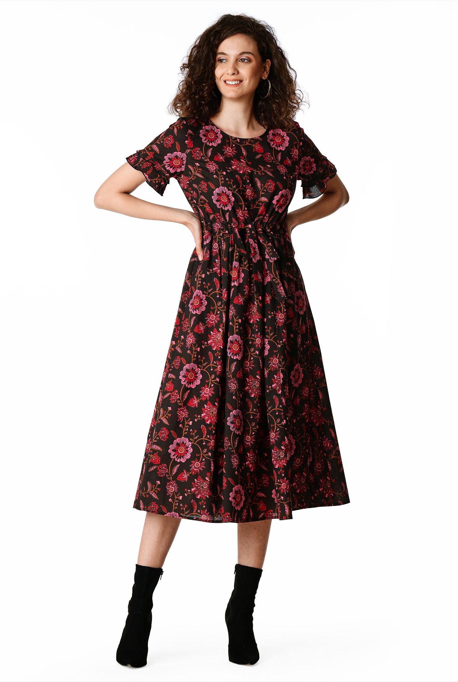 Shop Floral Print Cotton Drawstring Waist Dress EShakti