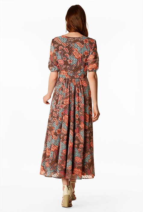 Shop Floral Print Swiss Dot Chiffon Banded Empire Maxi Dress EShakti