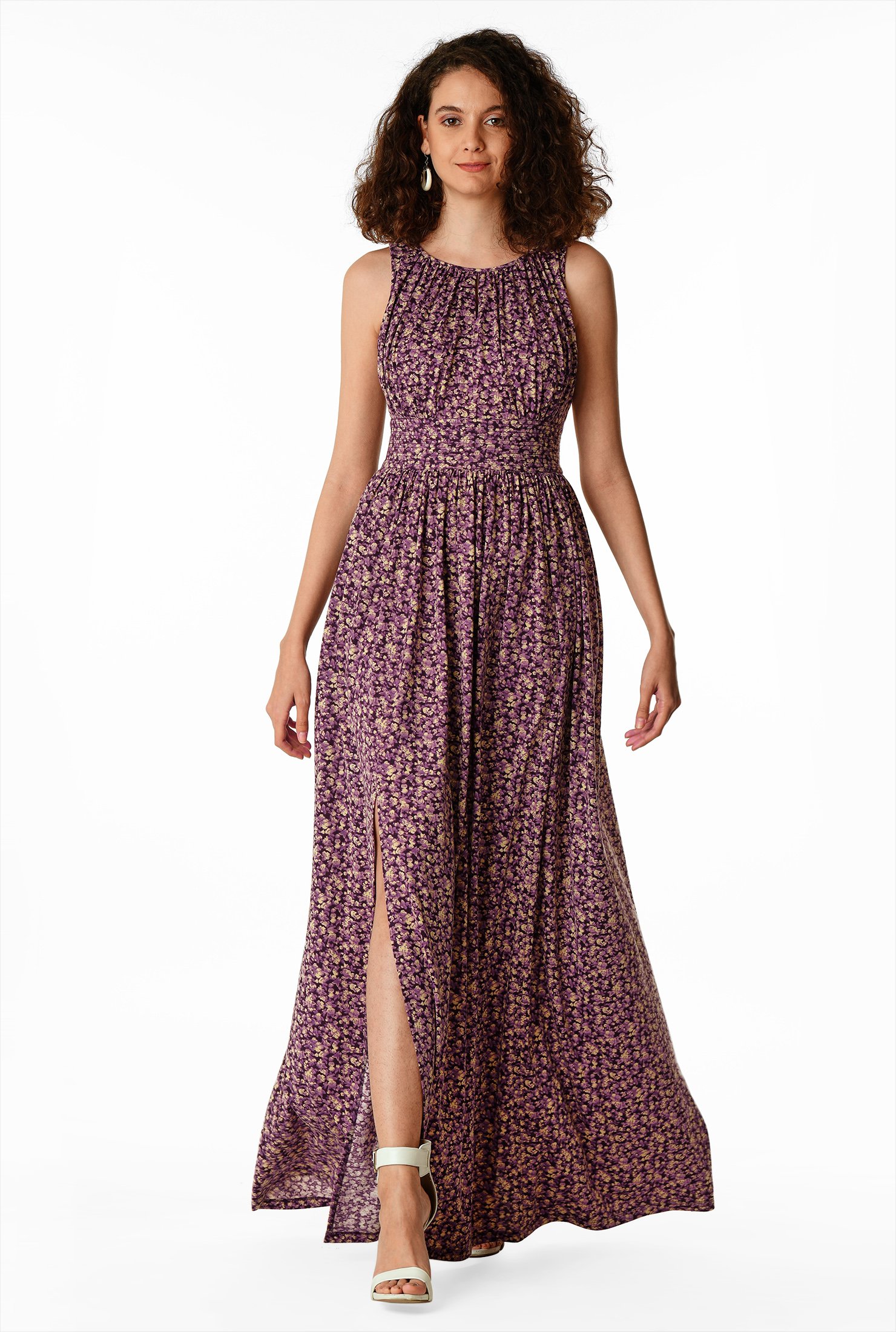 Shop Floral Print Knit Ruched Maxi Dress EShakti