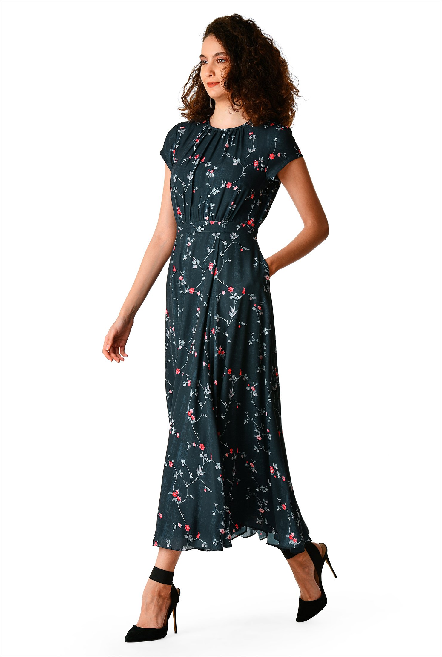 Shop Ruched Floral Vine Print Crepe Dress Eshakti