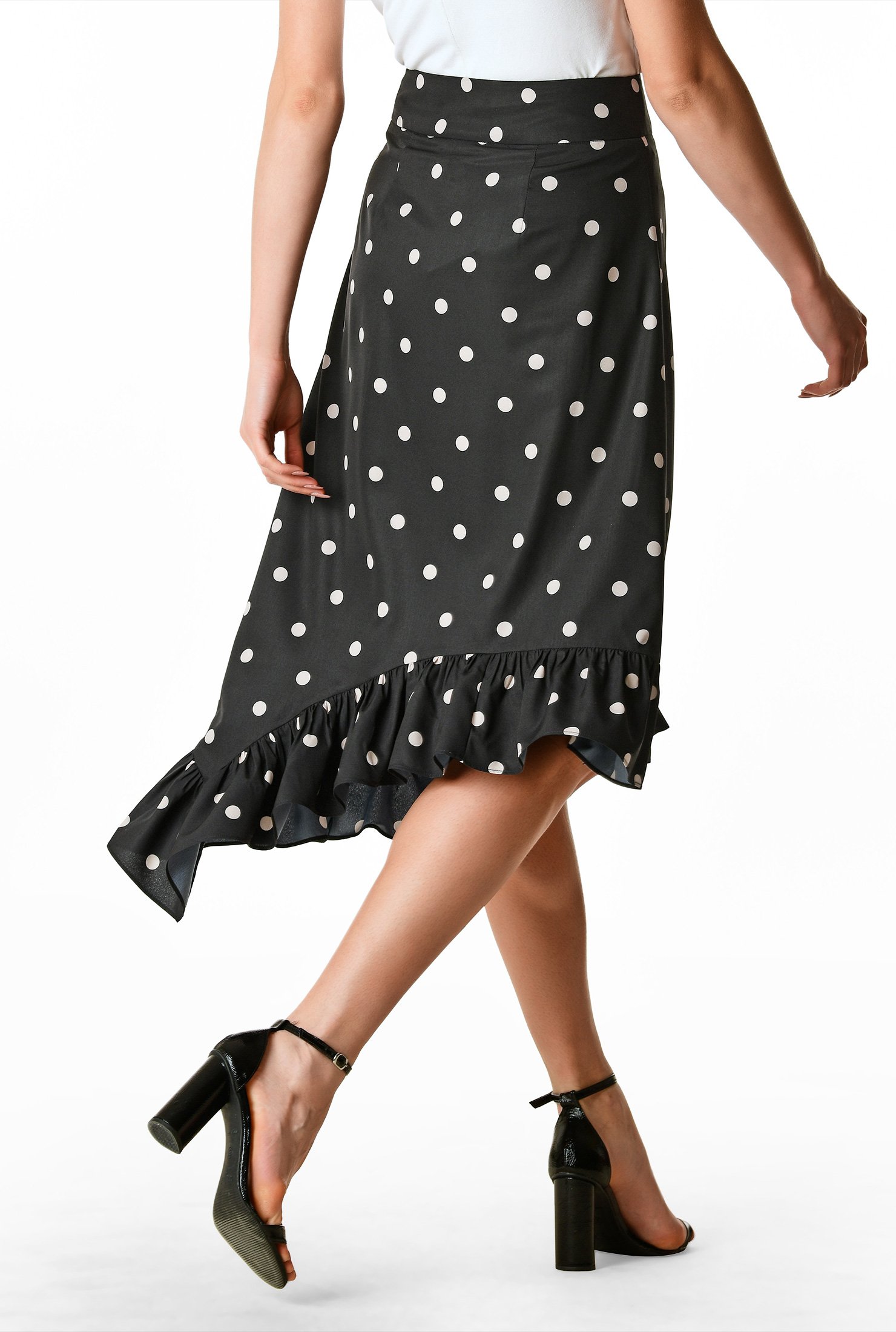 Shop Asymmetric Ruffle Polka Dot Print Matte Crepe Skirt EShakti