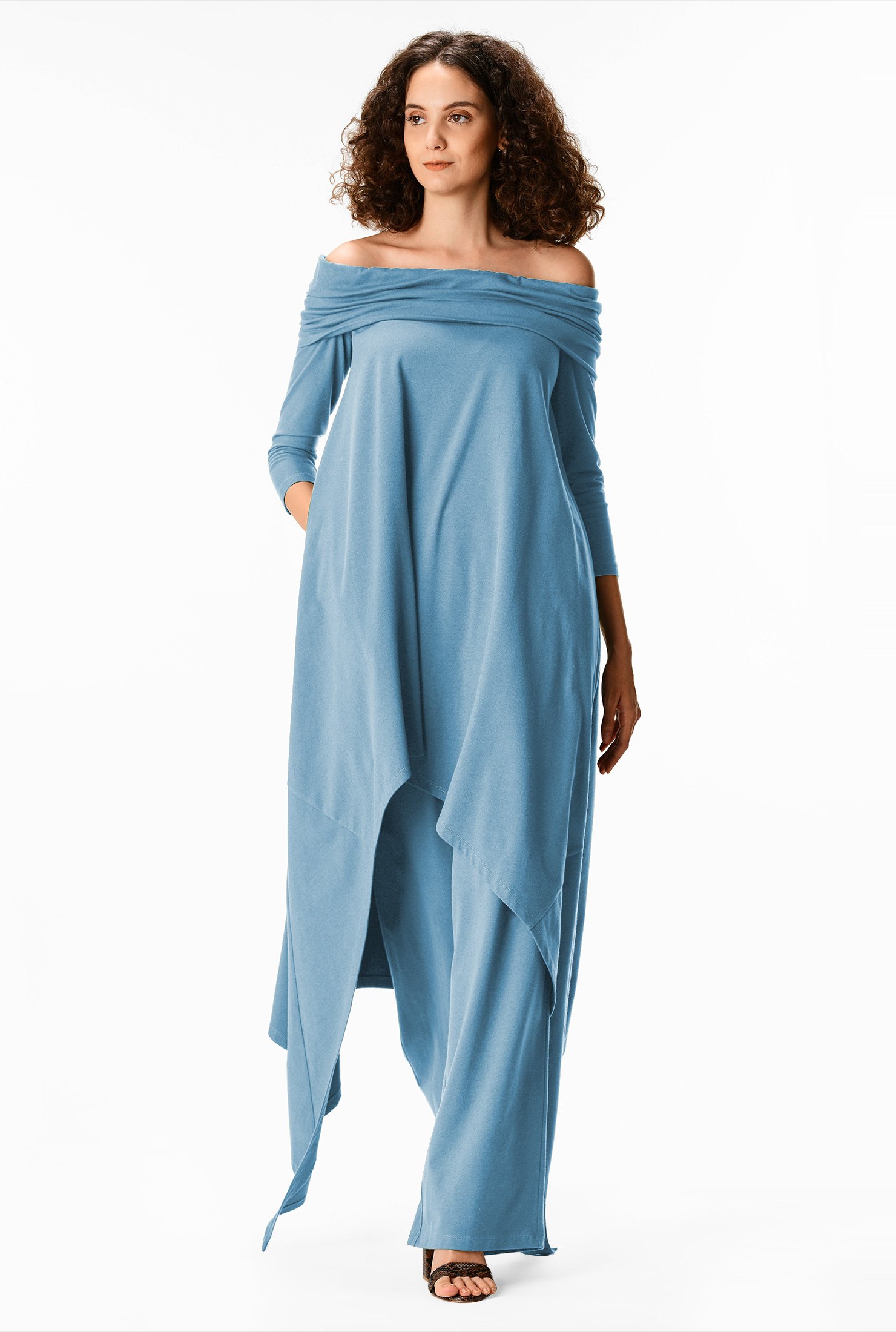 Shop Off The Shoulder Asymmetric Hem Cotton Knit Tunic And Pants Set