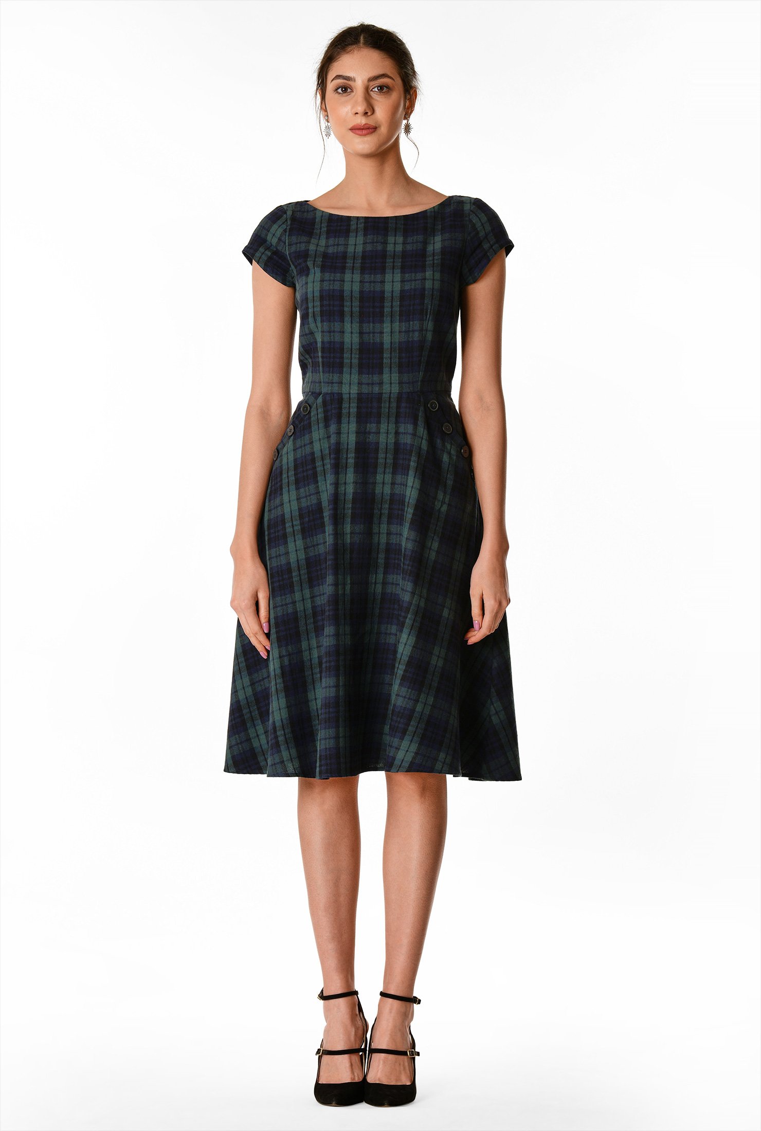 Shop Large Button Pocket Cotton Plaid Dress EShakti