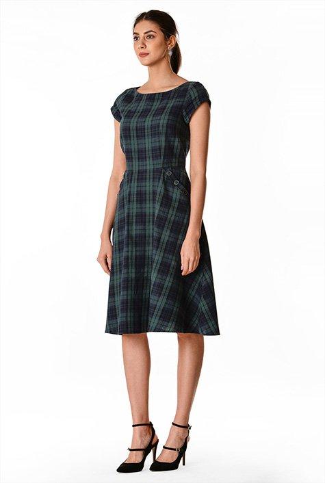 Shop Large Button Pocket Cotton Plaid Dress Eshakti