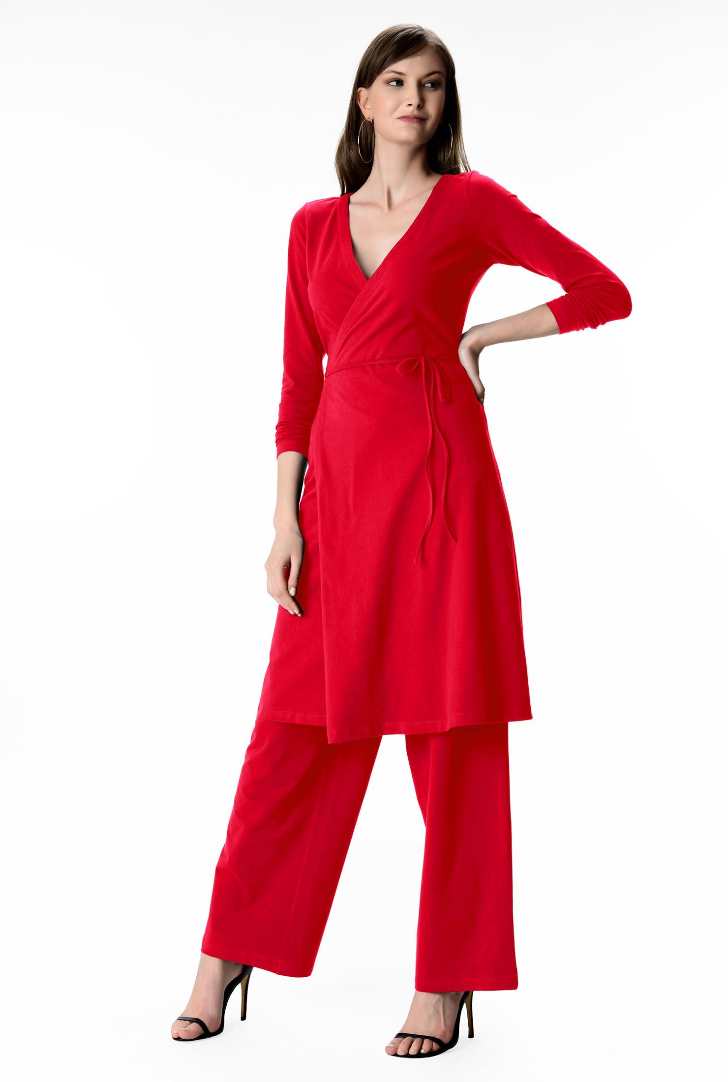 Shop Cotton Jersey Wrap Dress And Wide Leg Pant Set EShakti