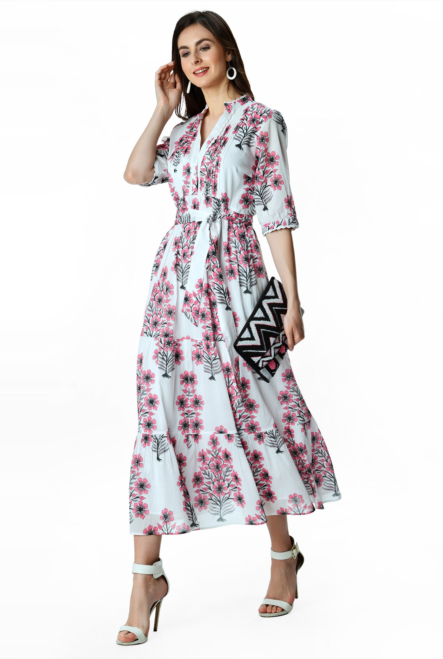 Shop Floral Print Cotton Voile Tiered Shift Dress Eshakti