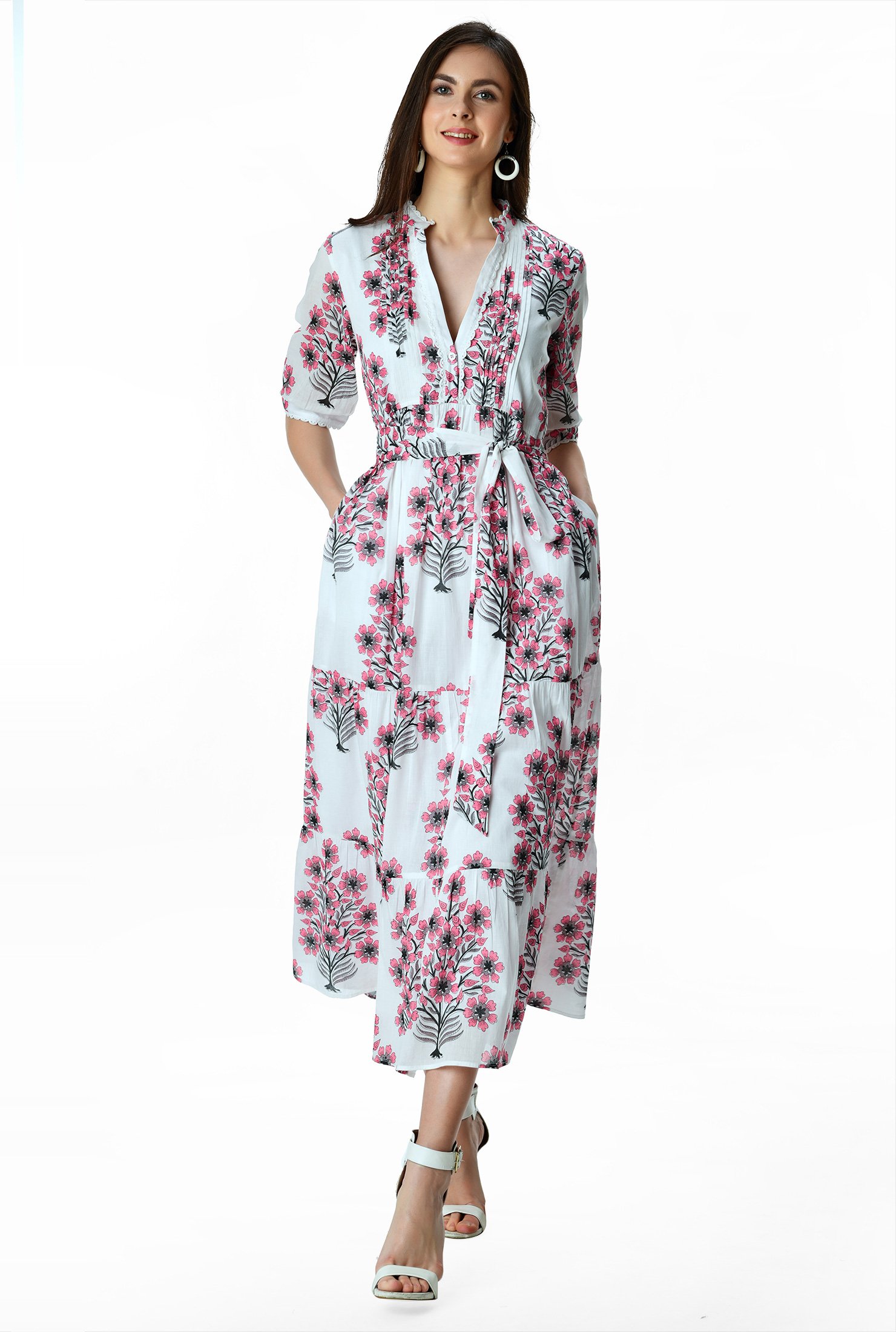 Shop Floral Print Cotton Voile Tiered Shift Dress Eshakti