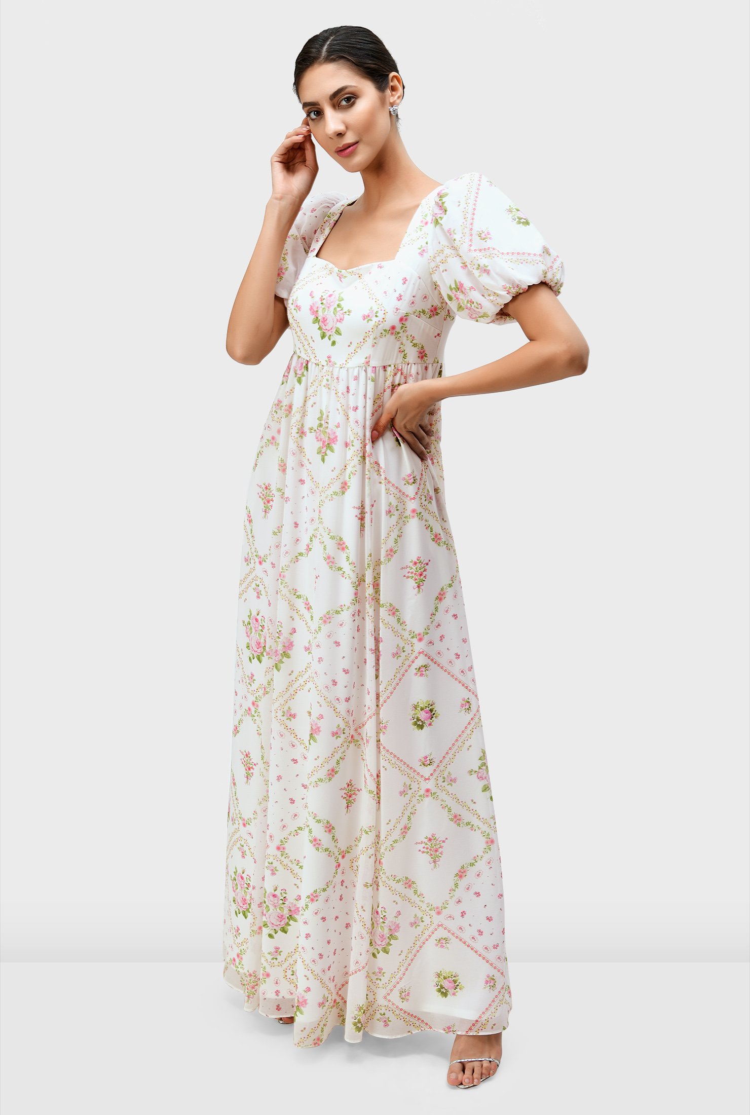 Shop Puff Sleeve Empire Floral Print Georgette Maxi Dress Eshakti