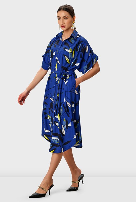 Shop Leafy Vine Print Crepe Sash Tie Shirtdress Eshakti