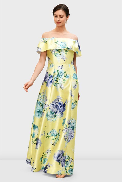 Shop Off The Shoulder Floral Print Dupioni Maxi Dress EShakti