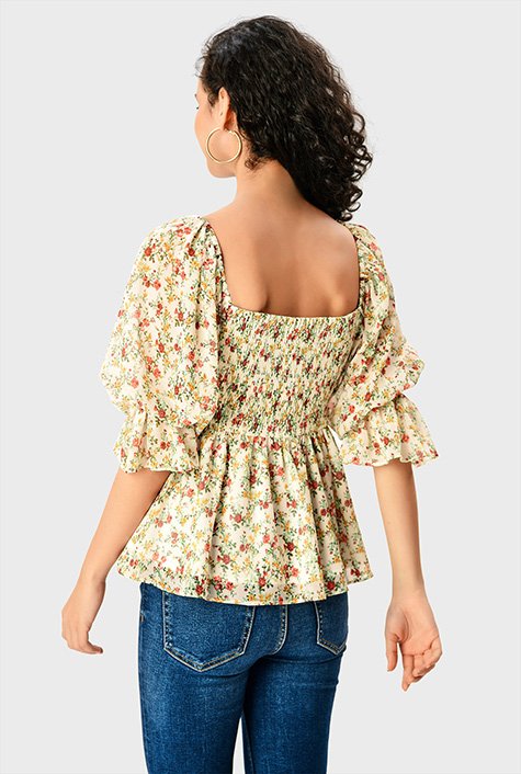 Shop Ditsy Floral Print Chiffon Surplice Peplum Blouse Eshakti