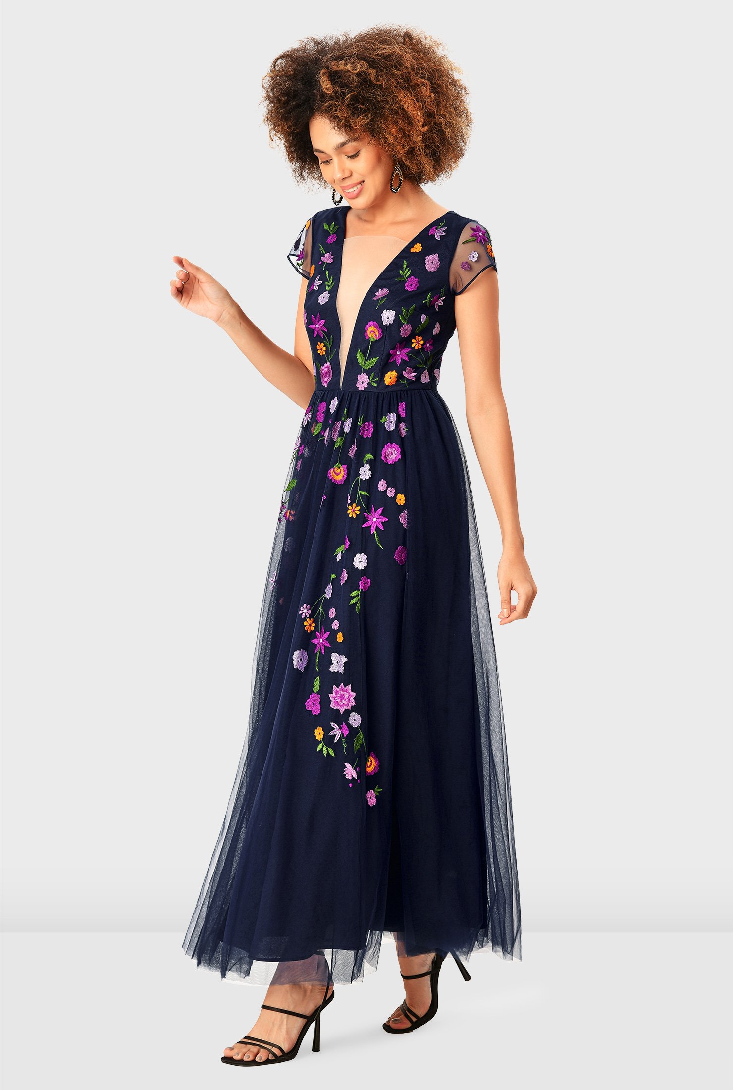 Shop Plunge Floral Embroidery Sheer Mesh Dress Eshakti