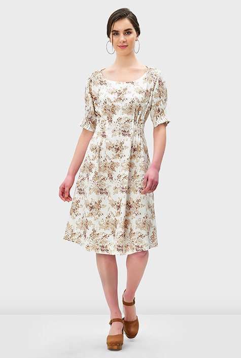 Shop Pintuck Pleat Floral Print Linen Cotton Shift Dress Eshakti