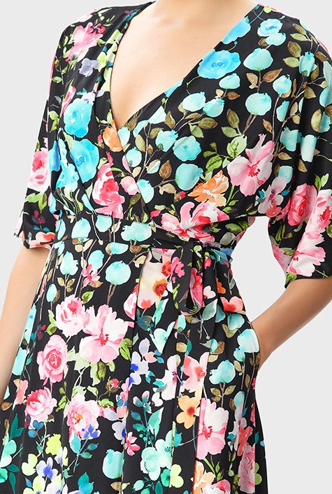 Shop Dolman Sleeve Floral Print Crepe Wrap Dress Eshakti