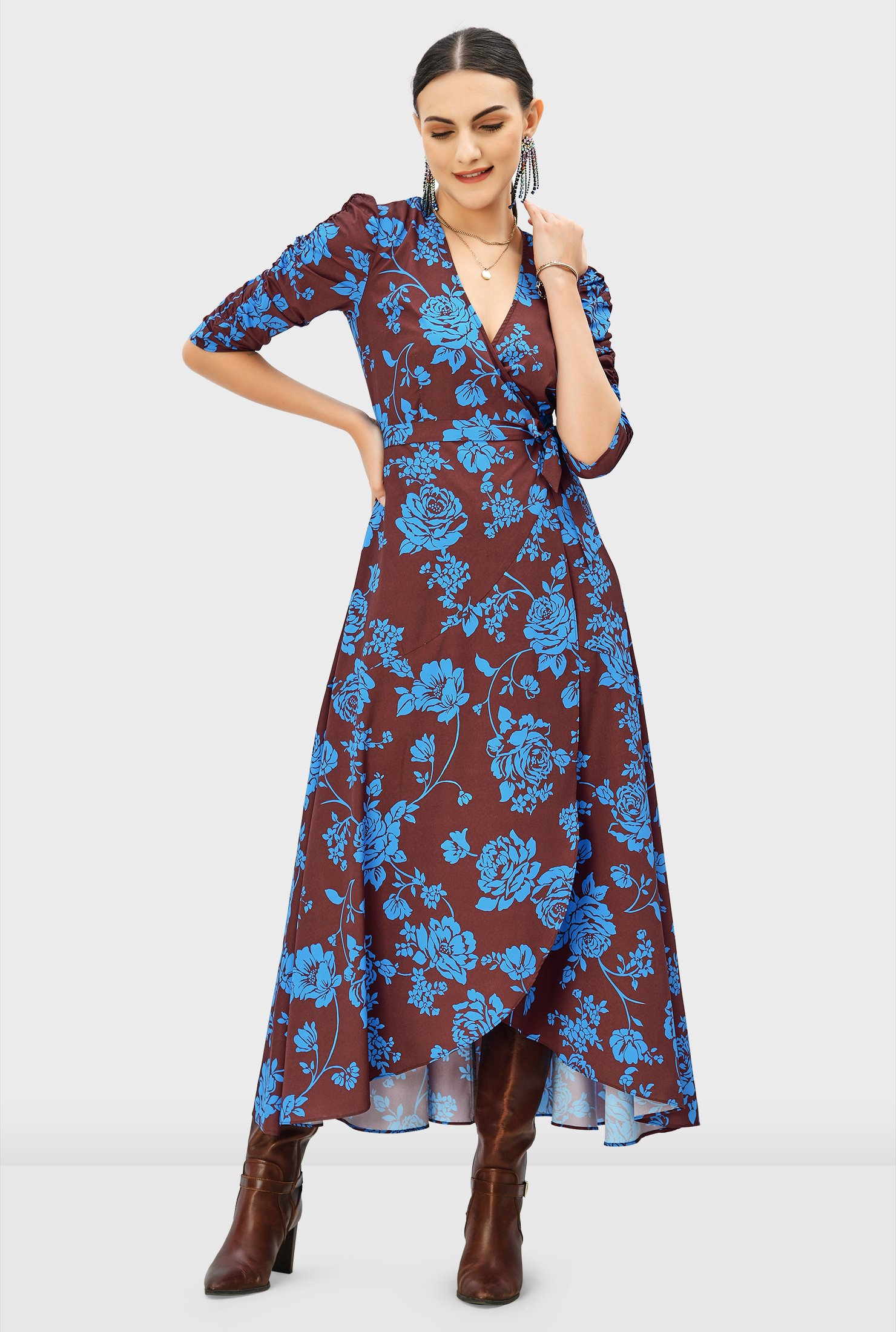 Shop Ruched Sleeve Floral Print Crepe Wrap Dress Eshakti