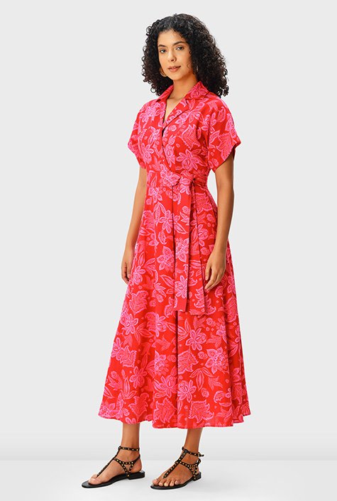 Shop Floral Print Linen Cotton Wrap Dress Eshakti