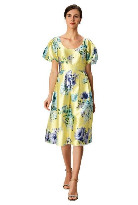 Shop Puff Sleeve Floral Print Dupioni Dress Eshakti