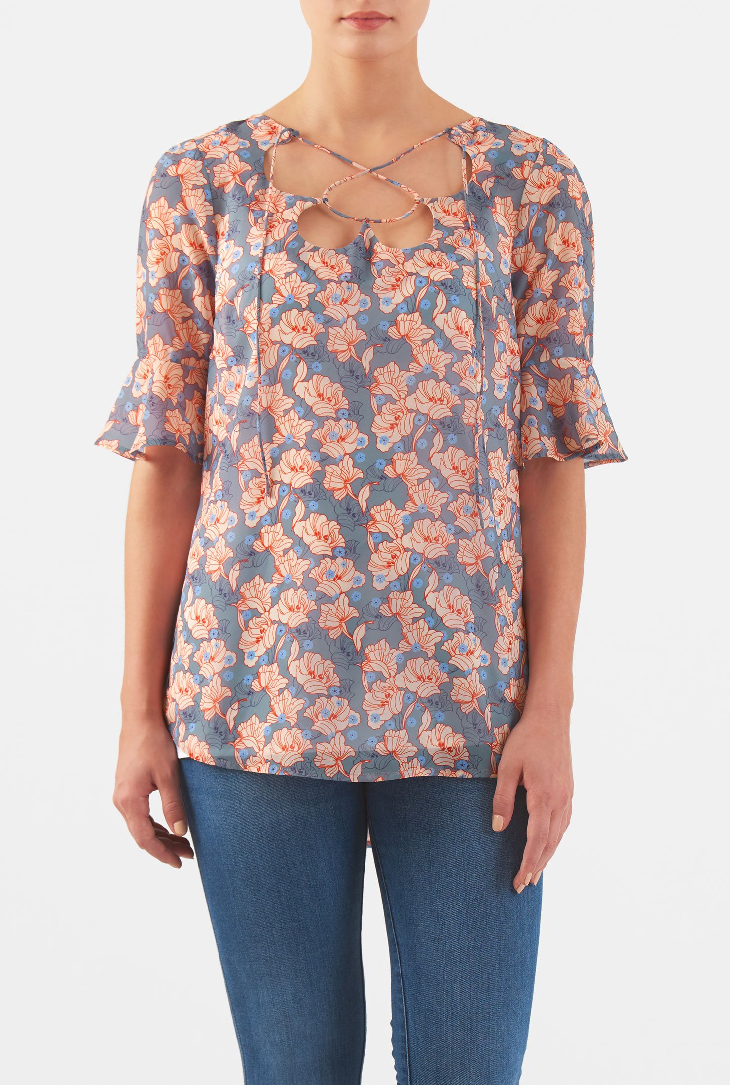 Lace-up floral print georgette top in 2020 | Georgette tops, Tops ...