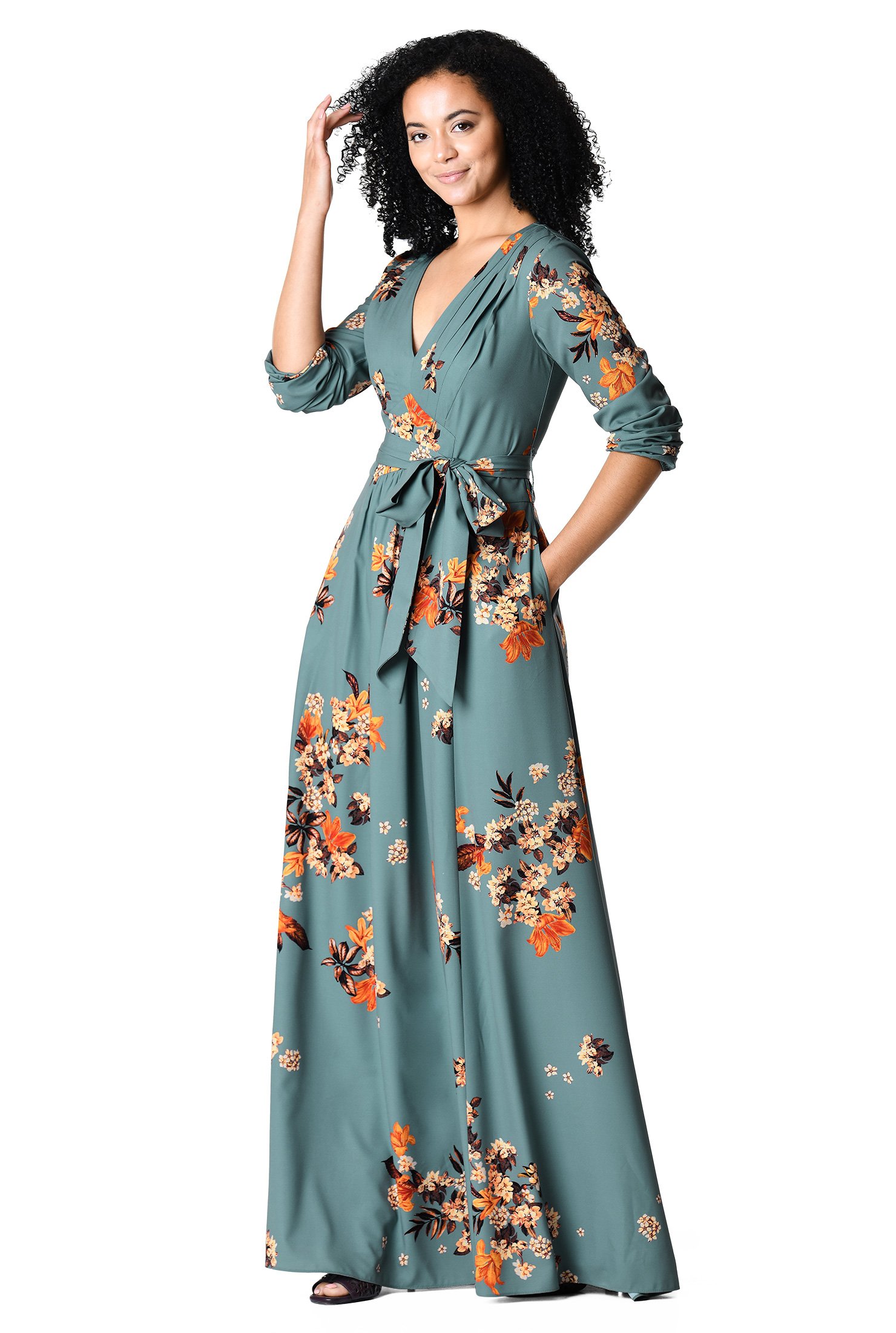 PLEATED FLORAL PRINT CREPE MAXI DRESS