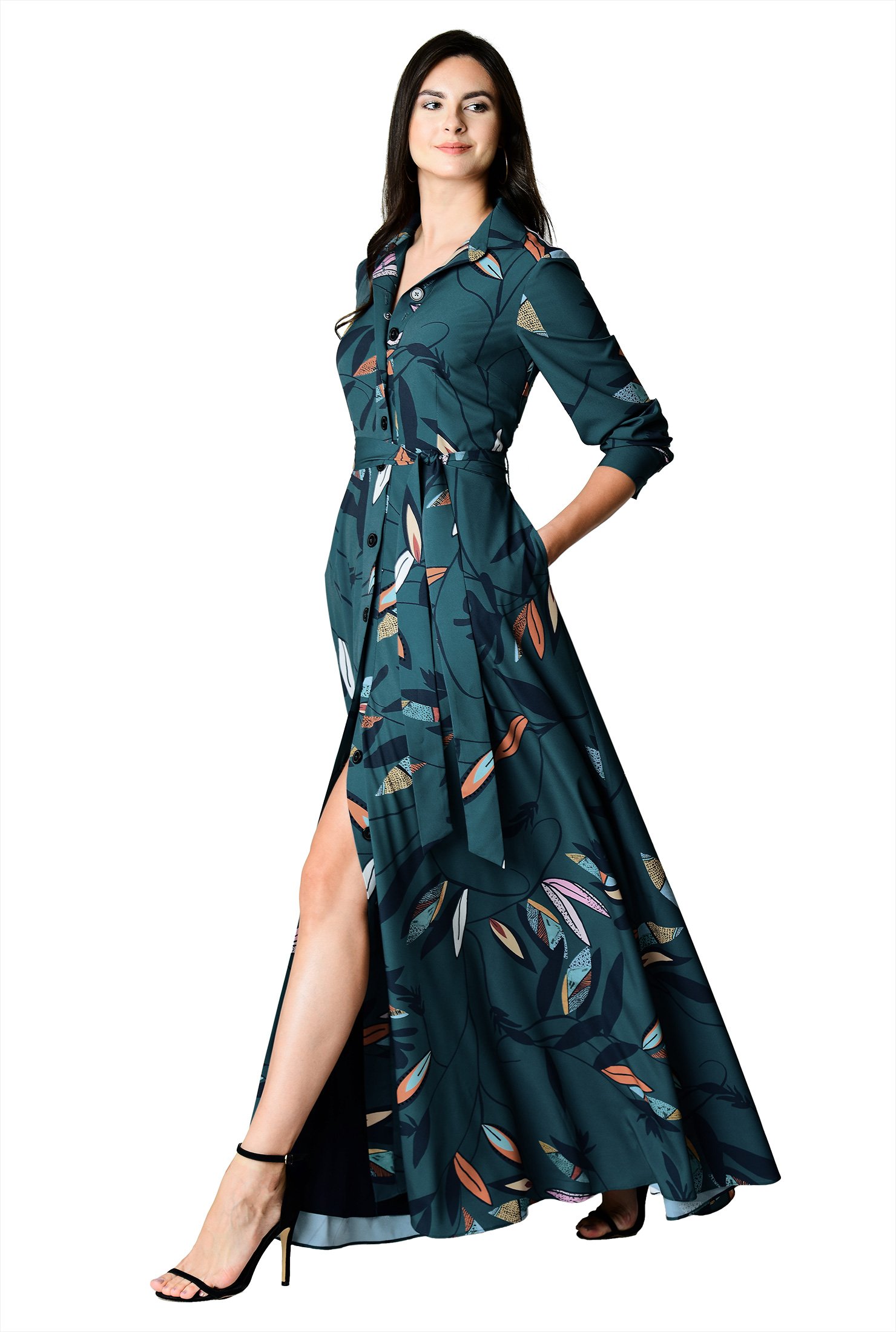 Leaf Print Sash Tie Crepe Maxi Shirtdress Women S Clothing 0 36w