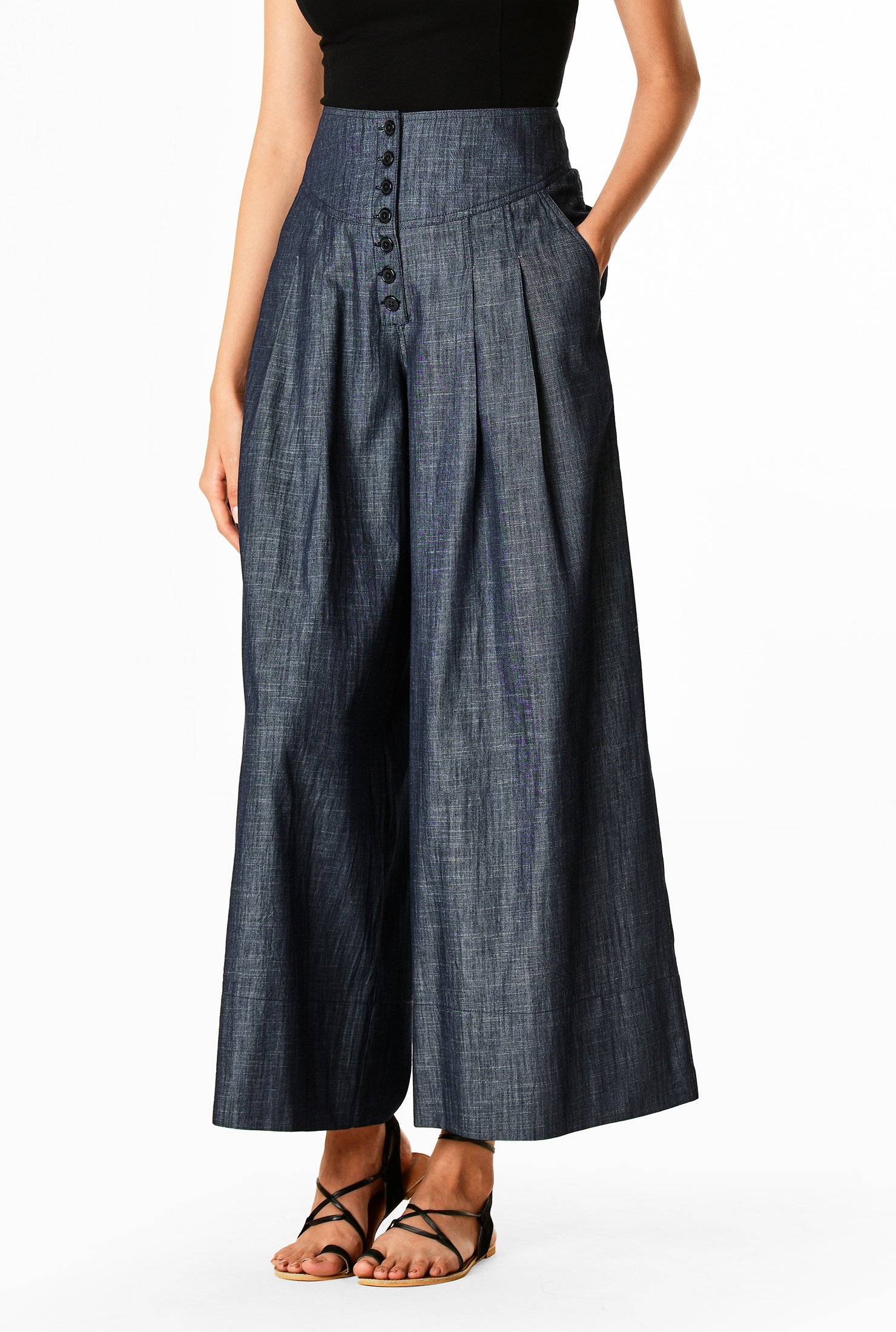 Button Front Cotton Chambray Palazzo Pants Women S Clothing 0