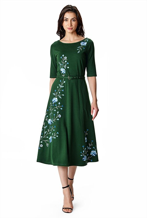 Shop Floral embroidery cotton jersey belted dress | eShakti