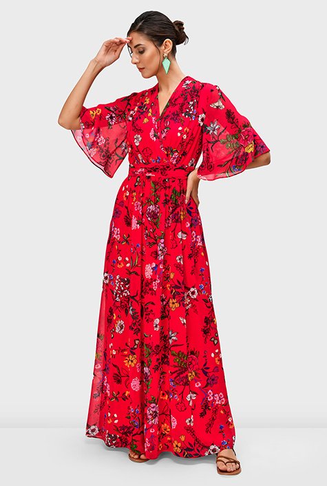 Shop Floral print pleat waist georgette surplice dress | eShakti