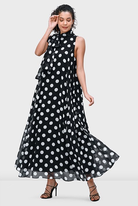 Shop Tie neck polka dot print georgette shift dress | eShakti