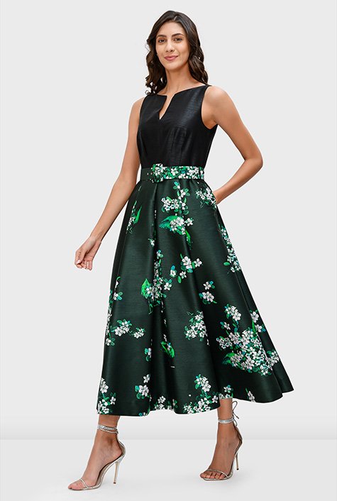 Shop Floral print dupioni belted dress | eShakti