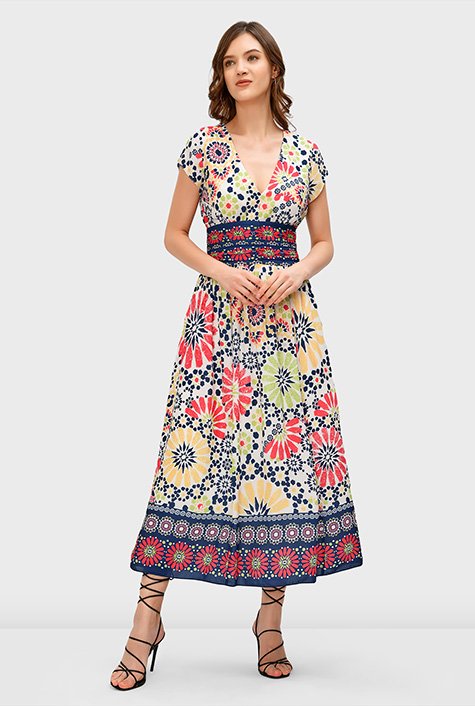 Shop Graphic floral print crepe pleat waist dress | eShakti