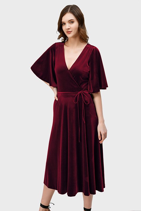 Shop Flutter sleeve stretch velvet wrap dress | eShakti
