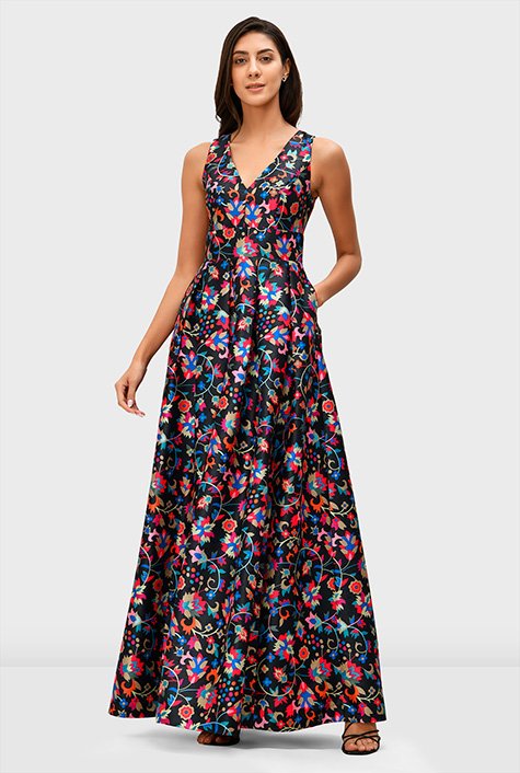 Shop Floral print dupioni maxi dress | eShakti