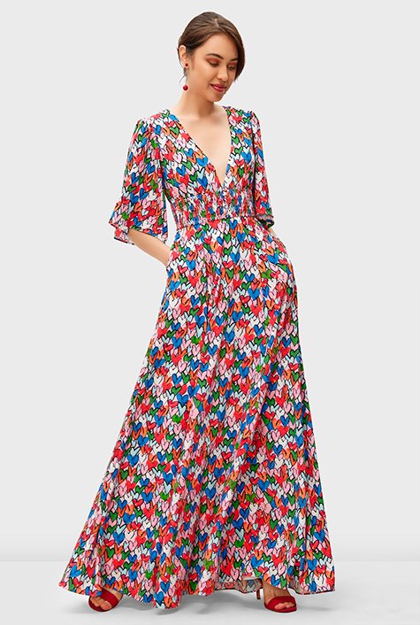 Vented floral velvet burnout smocked waist maxi dress