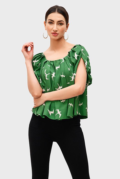 Shop Split sleeve pleated bird print crepe blouse | eShakti