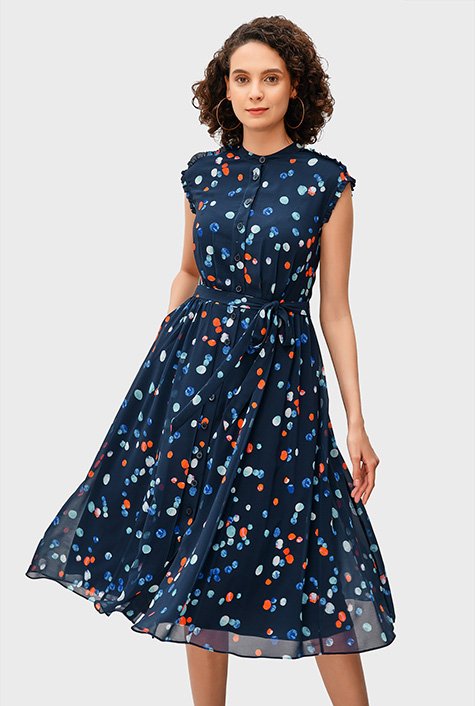 Shop Paint dot print georgette ruffle trim dress | eShakti